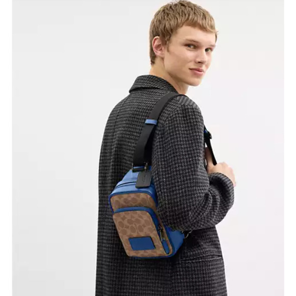 Coach Racer Sling Pack In Colorblock Signature Canvas Tan/Pacific Bright Mine - Picture 6 of 11